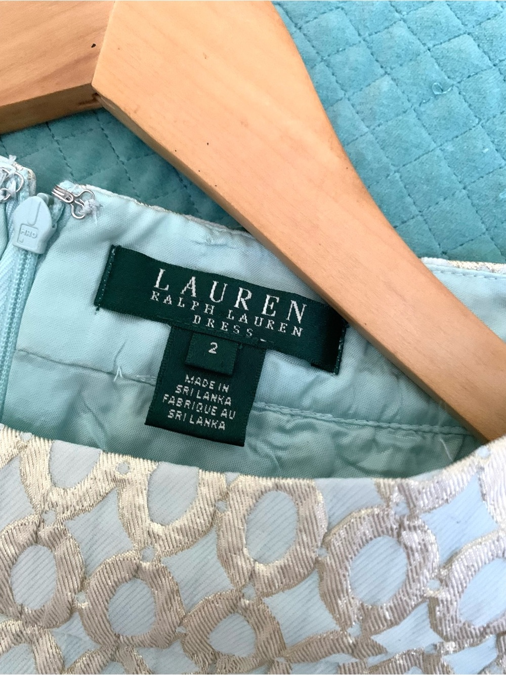 Ralph Lauren Mint Green Metallic Gold Embroidered Fit & Flare Cocktail Dress - Picture 4 of 11